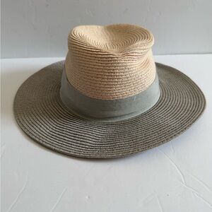 Beautiful Two-Tone Beige and Gray Straw Fedora Hat Women